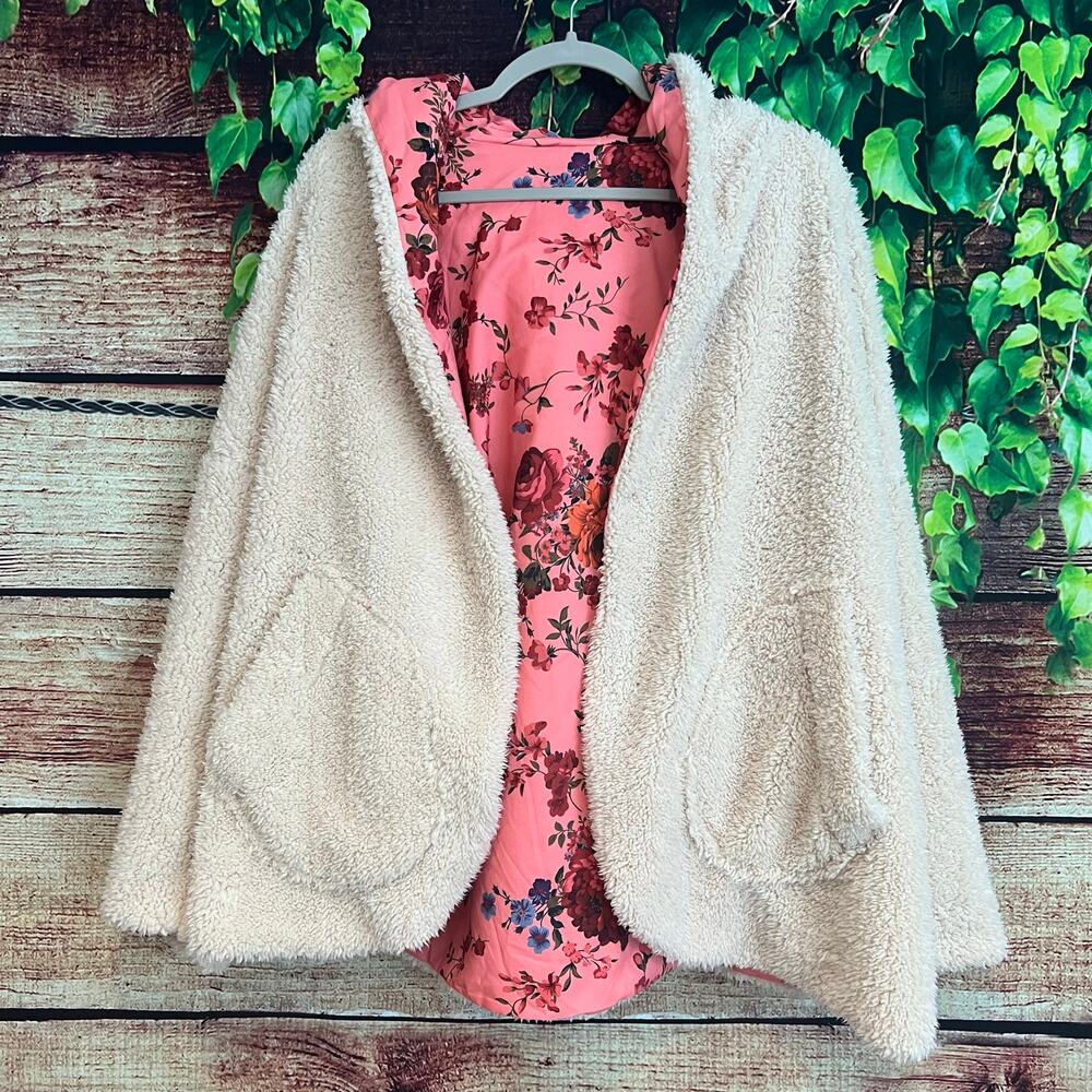 Urban Outfitters Inspired Beatriz Fuzzy Reversible Coat Jacket L Floral Fleece - Picture 4 of 11